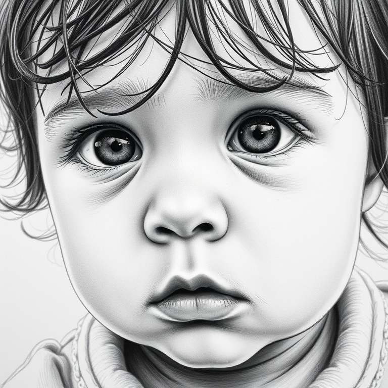 A hyperdetailed photorealistic black and white sketch of a beautiful toddler with deep brown eyes, with a macro focus