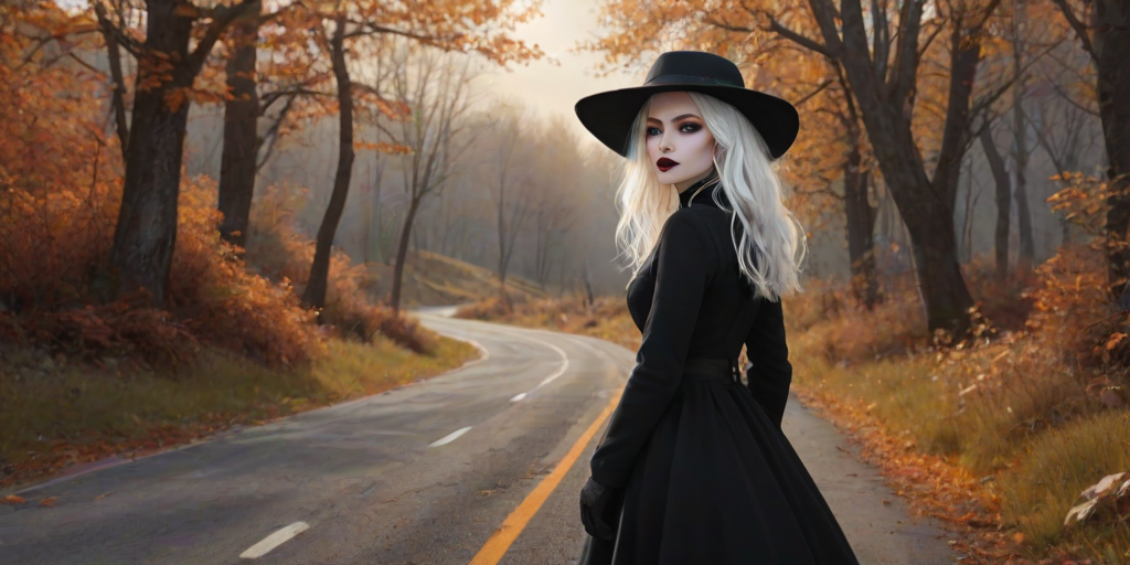 digital art fantasy depicting a strange girl with white hair, long eyelashes, black lipstick and a tall hat walking along a winding road on an autumn afternoon, an Rat smiles as she passes