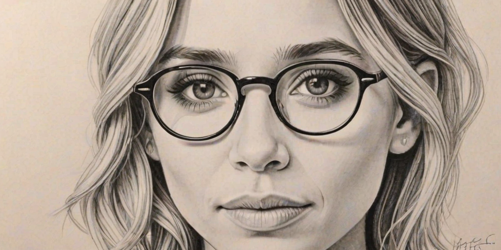 Appealing Ashley Olsen, pencil sketch, portrait of Stunning woman 1936s in glasses, hair style beatnik, outline, clear lines, fine lines, 8k