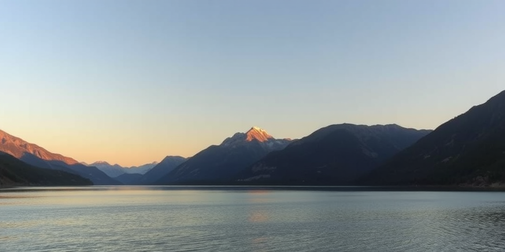 landscape of a serene lake surrounded by mountains at golden hour with reflections in the water, wide-angle view, f/8 aperture, ISO 100, 1/200 second shutter speed, DSLR camera