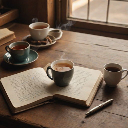 Warmly lit photo of an open journal on a wooden desk, soft natural light from a nearby window illuminating the handwritten notes, with a cup of tea steaming beside it and a cozy atmosphere filling the room.