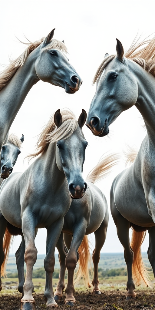 Create a high-resolution image of four dynamic grey horses in various poses showcasing their manes and tails flowing, captured from a low-angle view using a Canon EOS R5 with a 50mm f/1.2 lens at f/2.8, ISO 200, 1/500 sec, in natural light.