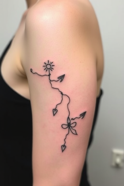 Minimalist fine line tattoo titled "Whispered Memories" showcasing delicate, hair-thin black lines forming a continuous single-line drawing that weaves together meaningful symbols and imagery, such as a person's life journey or cherished memories, creating a subtle and deeply personal narrative on the skin