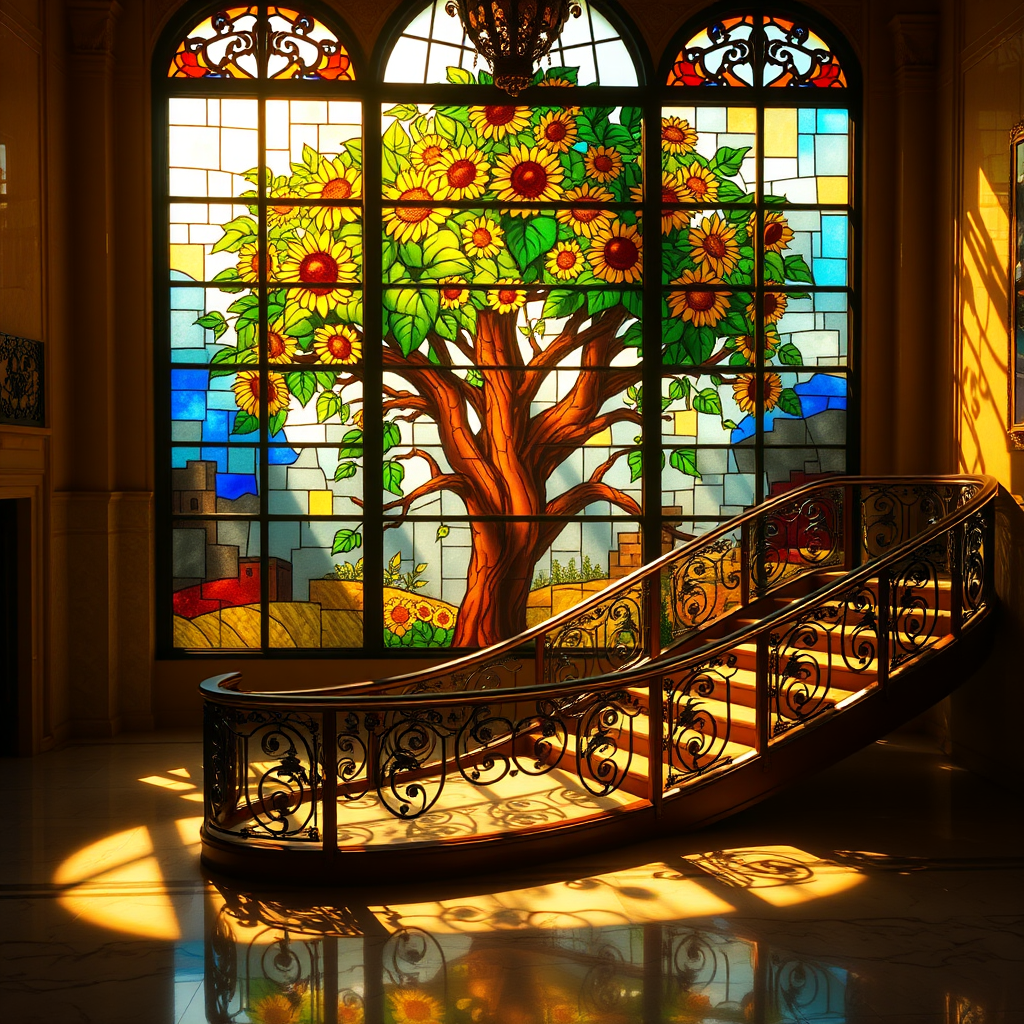 A stained glass window featuring a large, vibrant tree with blooming sunflowers as its focal point. The sunlight passes through the glass, casting multicolored shadows across the floor and a grand, curved staircase with ornate iron railings. The overall ambiance is warm, with golden sunlight enhancing the vivid colors of the stained glass, creating a serene and artistic atmosphere in a spacious room with polished marble floors. The scene is elegant and peaceful, with a blend of nature and architectural beauty.