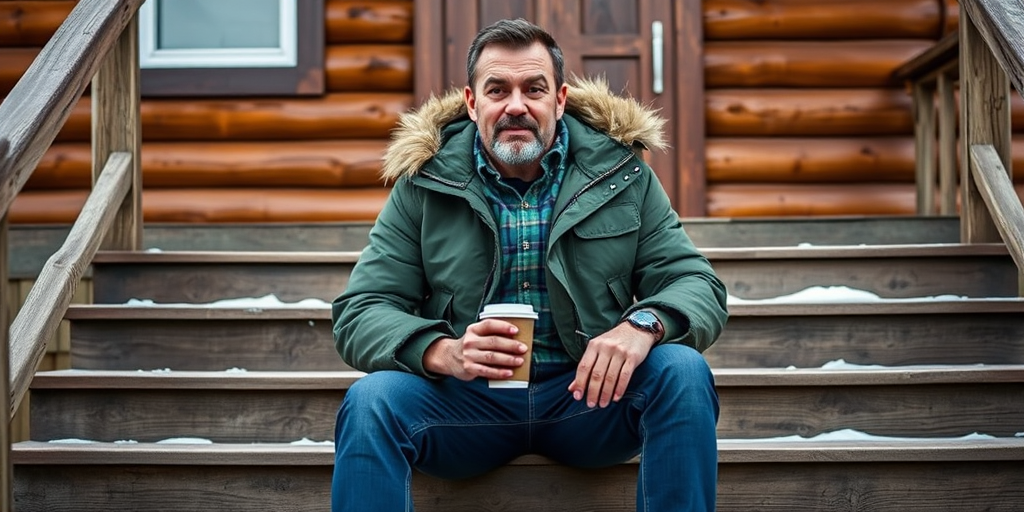 A man sitting on wooden steps wearing a green parka with fur trim, smoking a cigarette, holding a coffee cup, with a cabin backdrop, shot with a Canon EOS R5, 35mm lens, f/1.8, ISO 200, natural light, portrait style.