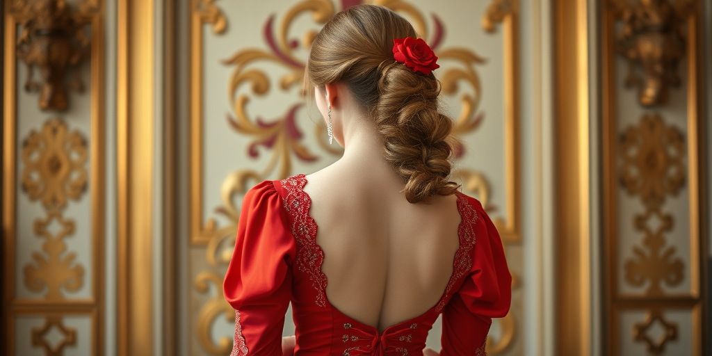 portrait of a woman in a vintage red and white gown viewed from the back, soft focus, Fujifilm X-T4, 50mm f/1.2 lens, aperture f/2.8, ISO 200, natural lighting, elegant and detailed background design
