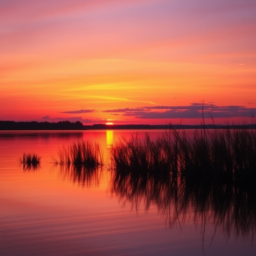 Generate an image of a sunset over a calm lake with vibrant orange and purple hues reflecting on the water, using a DSLR camera at 50mm, f/2.8 aperture, ISO 100, at a golden hour perspective.