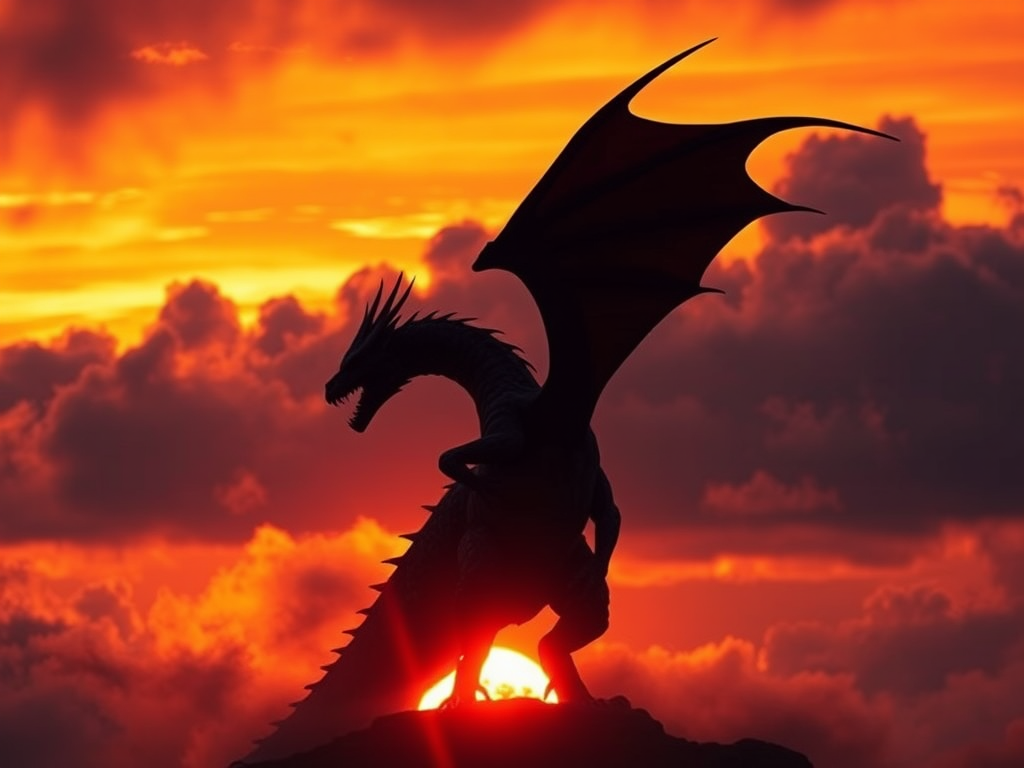 generate a highly detailed image of a majestic dragon silhouetted against a fiery sunset, with dramatic clouds surrounding it, use a DSLR camera with a 50mm lens at f/1.8, ISO 100, shutter speed 1/500, shot from a low angle to emphasize the dragon's wings and the dynamic sky, in a cinematic style with vibrant contrasts