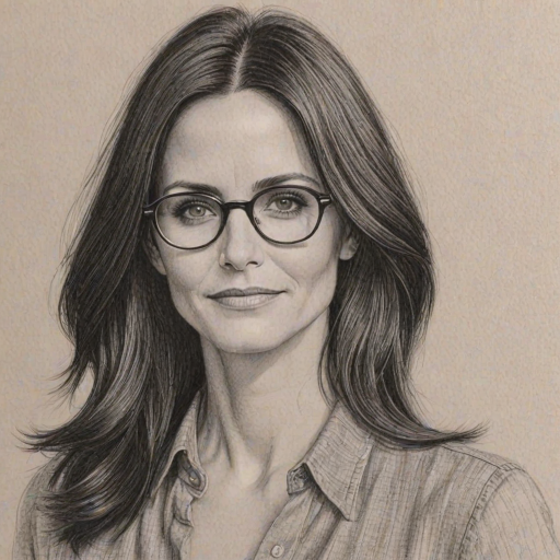 Delightful Courteney Cox, pencil sketch, portrait of Appealing woman 1975s in glasses, hair style beatnik, outline, clear lines, fine lines, 8k