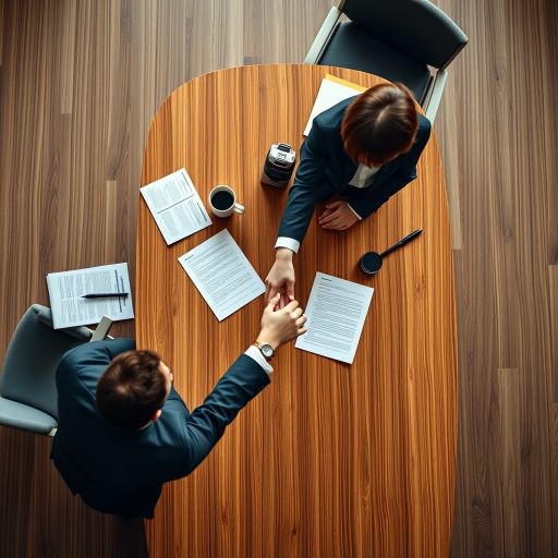 Create an overhead view of two people shaking hands at a conference table with documents and a laptop on it, using a Canon EOS R5 with a 24mm f/1.4 lens, aperture set to f/2.8, ISO 100, and a shutter speed of 1/125 sec, with a digitally enhanced style for clarity and vibrant colors.