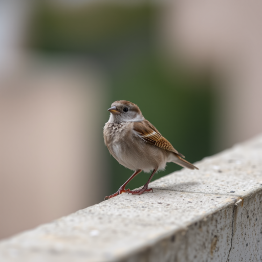 Capture a close-up shot of a sparrow perched on a concrete ledge, using a Canon EOS 5D Mark IV with a 50mm lens, aperture set to f/2.8, ISO 200, shutter speed 1/500s, in natural light from an overcast sky to enhance detail and reduce harsh shadows.