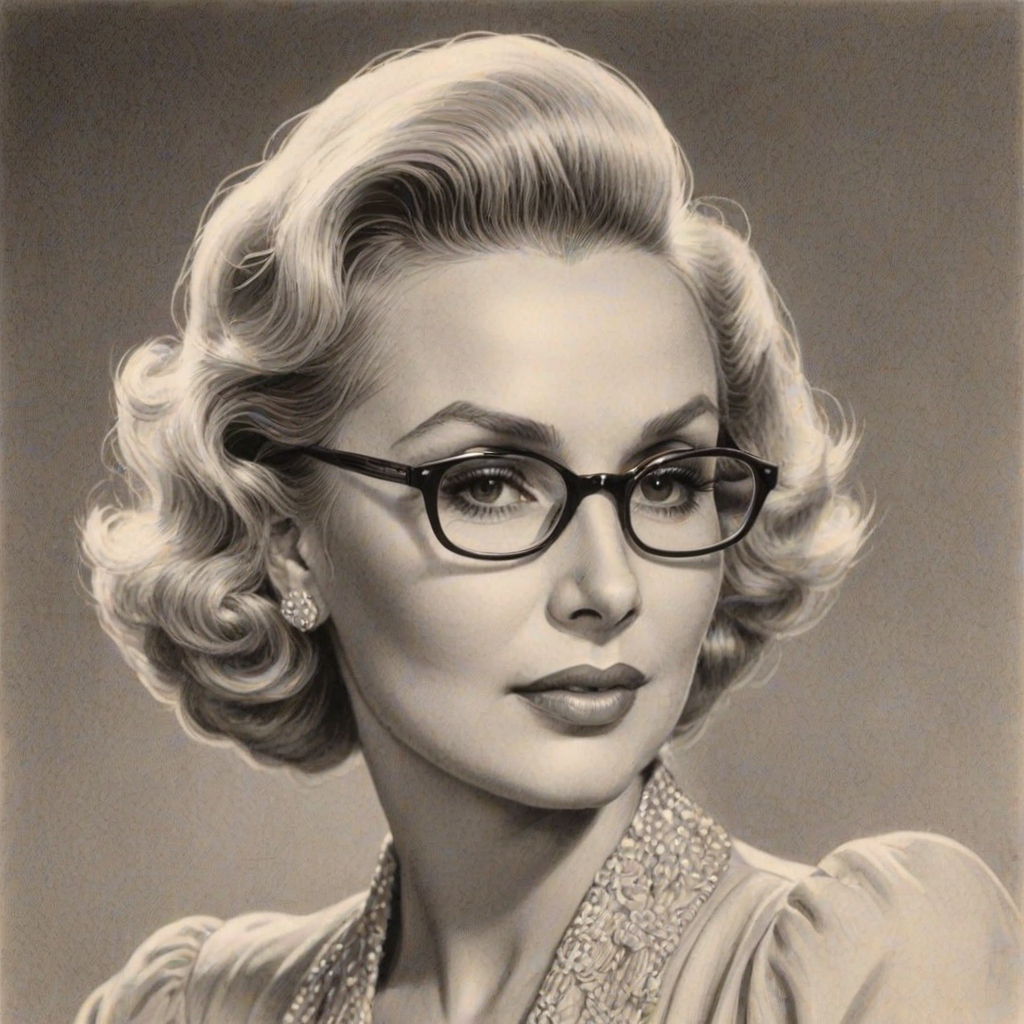 Graceful Zsa Zsa Gabor, pencil sketch, portrait of Appealing woman 1934s in glasses, hair style beatnik, outline, clear lines, fine lines, 8k