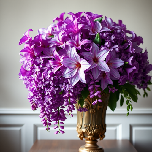 Create a high-resolution image of a lavish floral arrangement with vibrant purple flowers cascading from an ornate vase, using a DSLR camera with a 50mm lens at f/1.8, set to an aperture of f/4, ISO 200, and a soft natural light setup from the side to enhance depth and texture, captured from a slightly elevated angle to showcase the bouquet's fullness.