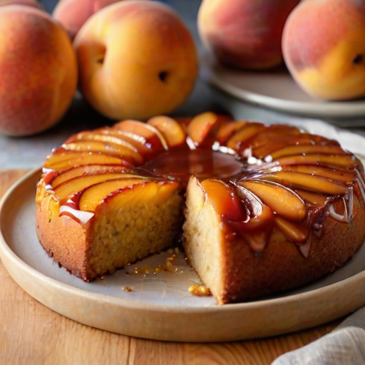 Create an image of a round peach upside-down cake with a glossy caramelized top, featuring slices of peaches arranged in a circular pattern. The cake should be displayed on a wooden serving platter, with fresh peaches and a small bowl of brown sugar in the background. Focus on the cake's golden color and the shiny glaze.