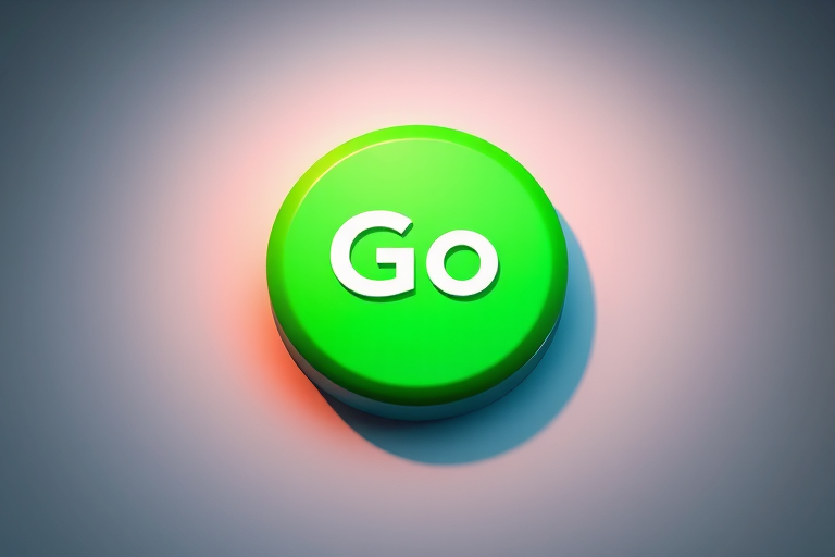 Create a vibrant 3D illustration of a large green "Go" button, centered with soft shadows, high dynamic range, using a Canon EOS R5 with a 50mm lens at f/2.8, ISO 100, and soft diffused lighting to enhance details and depth.