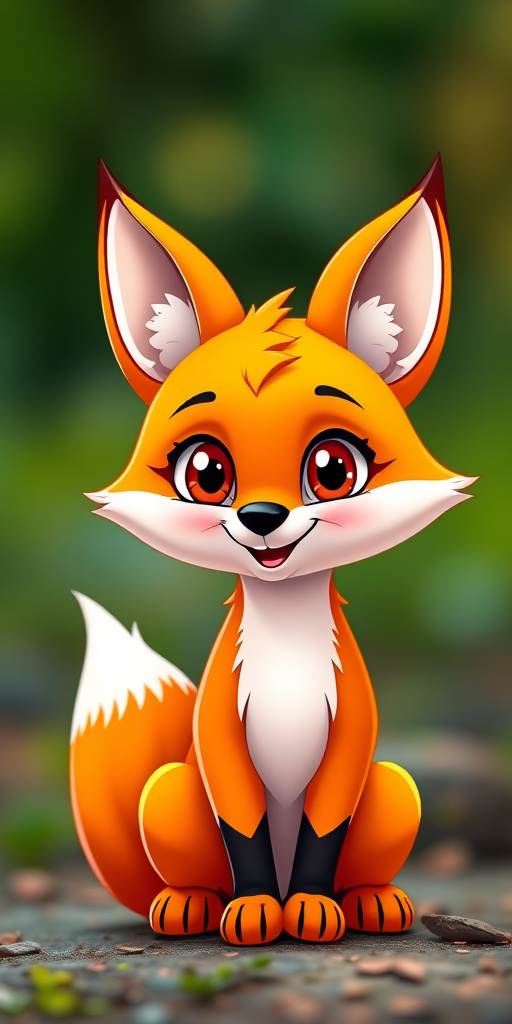 Create a cute cartoon fox character, sitting and smiling, with bright orange fur and large expressive eyes, in a vibrant and colorful style, with a blurred background for focus, using a Canon EOS R5 camera, 50mm lens, aperture f/1.8, ISO 100, high-resolution, natural lighting.