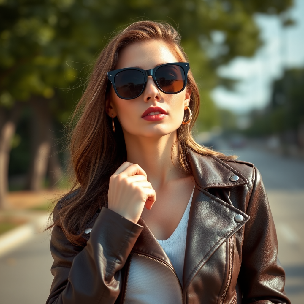 Outdoor shot, stunning female model, vintage leather jacket, sunglasses, cinematic effect, Position the camera at the model’s eye level using a 35mm f/1.4 lens