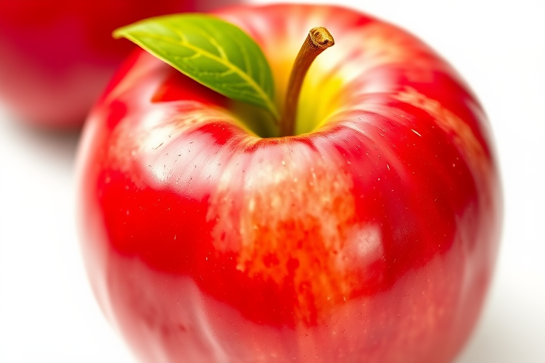 Generate a high-resolution image of a shiny red apple with a green leaf on a white background, using a 50mm lens, aperture f/2.8, ISO 100, shot in natural light with a shallow depth of field, captured with a DSLR camera.