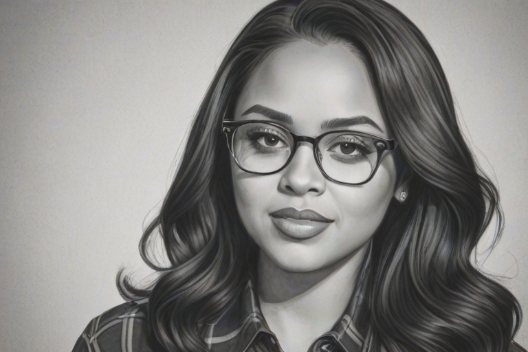 Fascinating Ayesha Curry, pencil sketch, portrait of Pleasing woman 1941s in glasses, hair style beatnik, outline, clear lines, fine lines, 8k