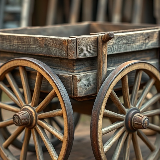 depict an old wooden cart with a weathered appearance, focusing on intricate details of the wood and wheels, taken with a DSLR camera, 50mm lens, f/2.8 aperture, ISO 100, natural lighting, and a shallow depth of field to enhance texture and background blur