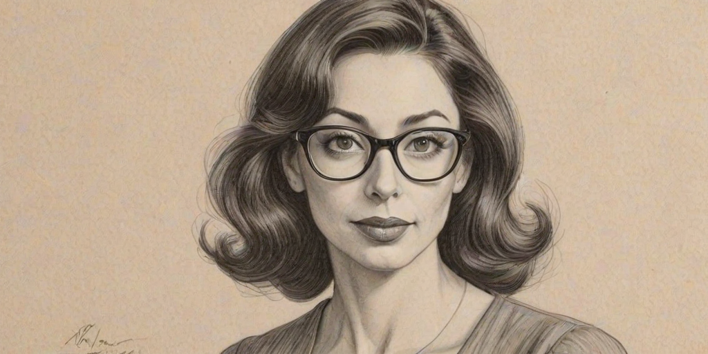 Captivating Illeana Douglas, pencil sketch, portrait of Alluring woman 1953s in glasses, hair style beatnik, outline, clear lines, fine lines, 8k