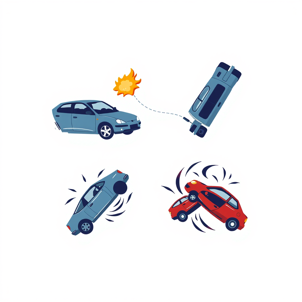 Create an illustration showing four circular icons related to car accidents, featuring a car crash, a car flipped upside down, a car rotating in a whirlwind, and a car colliding, using a high-resolution vector style, with a white background for better contrast, digital art style, 300 DPI resolution, shot in a clean view without any distractions.
