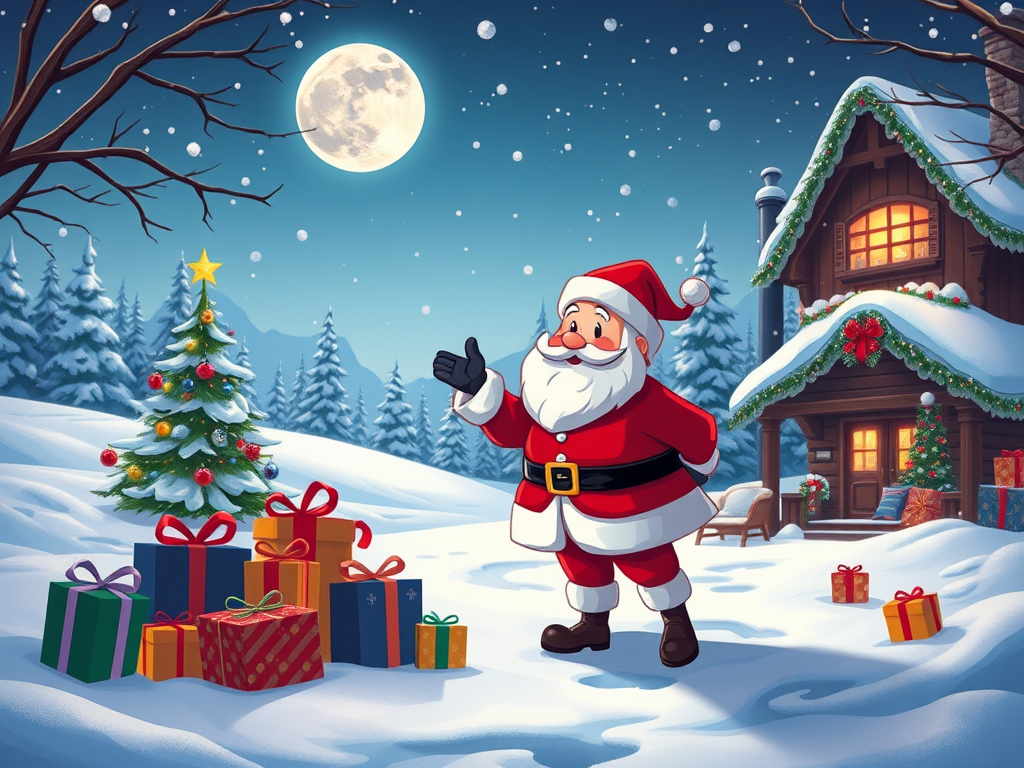 Create a winter scene featuring Santa Claus waving in a snowy landscape with colorful presents, a decorated Christmas tree, a cozy cabin with warm light, and a large moon in the night sky, in a vibrant cartoon style, shot with a wide-angle lens at f/8 for depth of field, ISO 100 for clarity, and a 24mm focal length for a broad view.