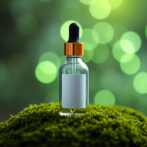 Create an image of a clear glass dropper bottle with a blank label standing on a lush green moss surface, set against a blurred background of softly glowing green bokeh lights, captured with a DSLR camera at f/2.8 aperture, 50mm lens, at ISO 100, with shallow depth of field to enhance focus on the bottle.