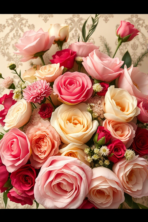 Create a highly detailed vintage floral arrangement featuring a variety of roses, peonies, and other blossoms in soft pinks, reds, and creams, set against an ornate cream background; use a DSLR camera, 50mm lens, aperture f/1.8, ISO 100, soft natural lighting with a shallow depth of field for enhanced texture and richness.