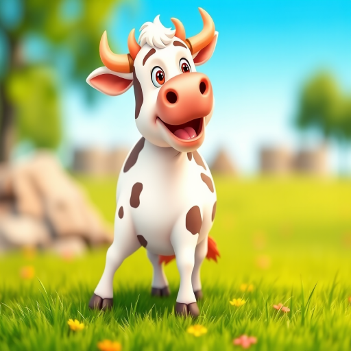 Create a high-resolution cartoon image of a friendly cow standing on green grass, using a DSLR camera with a 50mm lens, aperture set to f/1.8, ISO 100, and a vibrant color profile, captured from a low-angle view to highlight the cow's expressive features and playful demeanor.