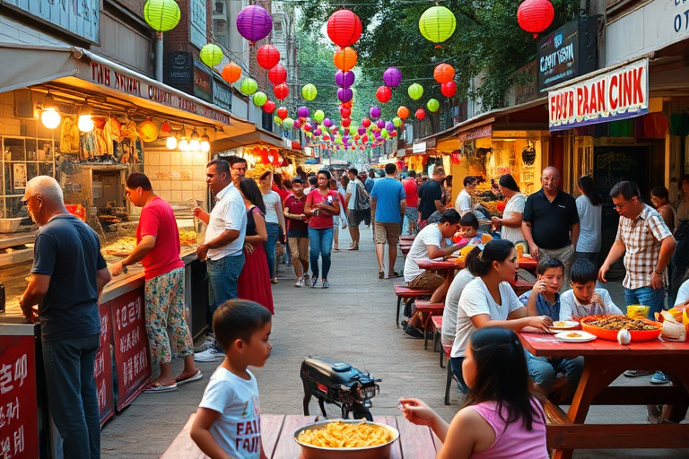 Vibrant street food festival, with vendors cooking up a variety of dishes, families enjoying their meals at picnic tables, and colorful decorations enhancing the festive atmosphere.