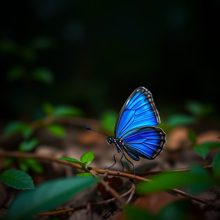 macro shot of a vibrant blue butterfly in a dark forest setting with a shallow depth of field, using a Canon EOS R5, 85mm f/1.8 lens, ISO 200, aperture f/2.8, shutter speed 1/250s, natural light to enhance colors and details