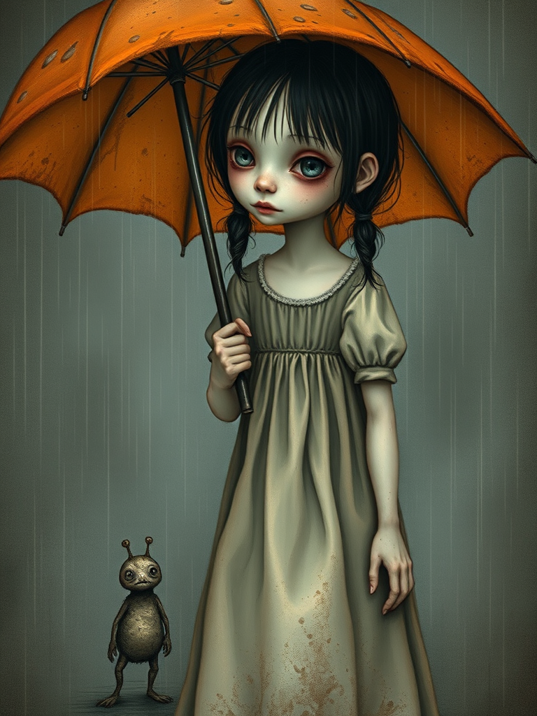 An eerie, weird little girl with dark hair in thin pigtails, wearing a smock dress, standing in the rain, holding a dirty orange umbrella, a small, odd creature beside her. In a surreal style inspired by Nicoletta Ceccoli and Brian Froud. Dark fantasy themes