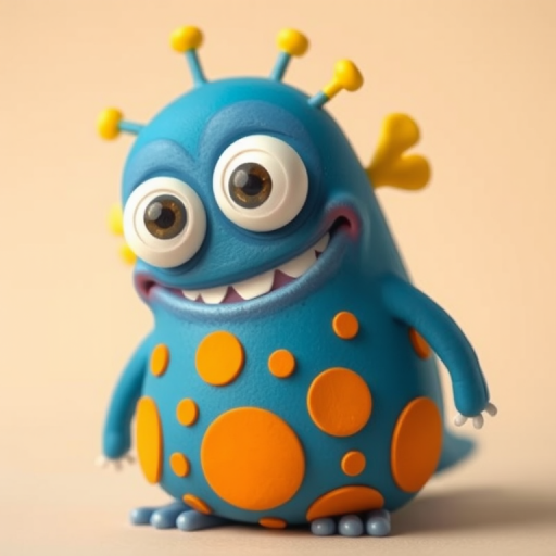 Create a cartoonish blue monster with three eyes, yellow fins, and a round body covered in orange spots, set against a light beige background, captured with a DSLR camera at f/4, ISO 100, shutter speed 1/60 sec, using a close-up view, with soft lighting for a vibrant and crisp effect.