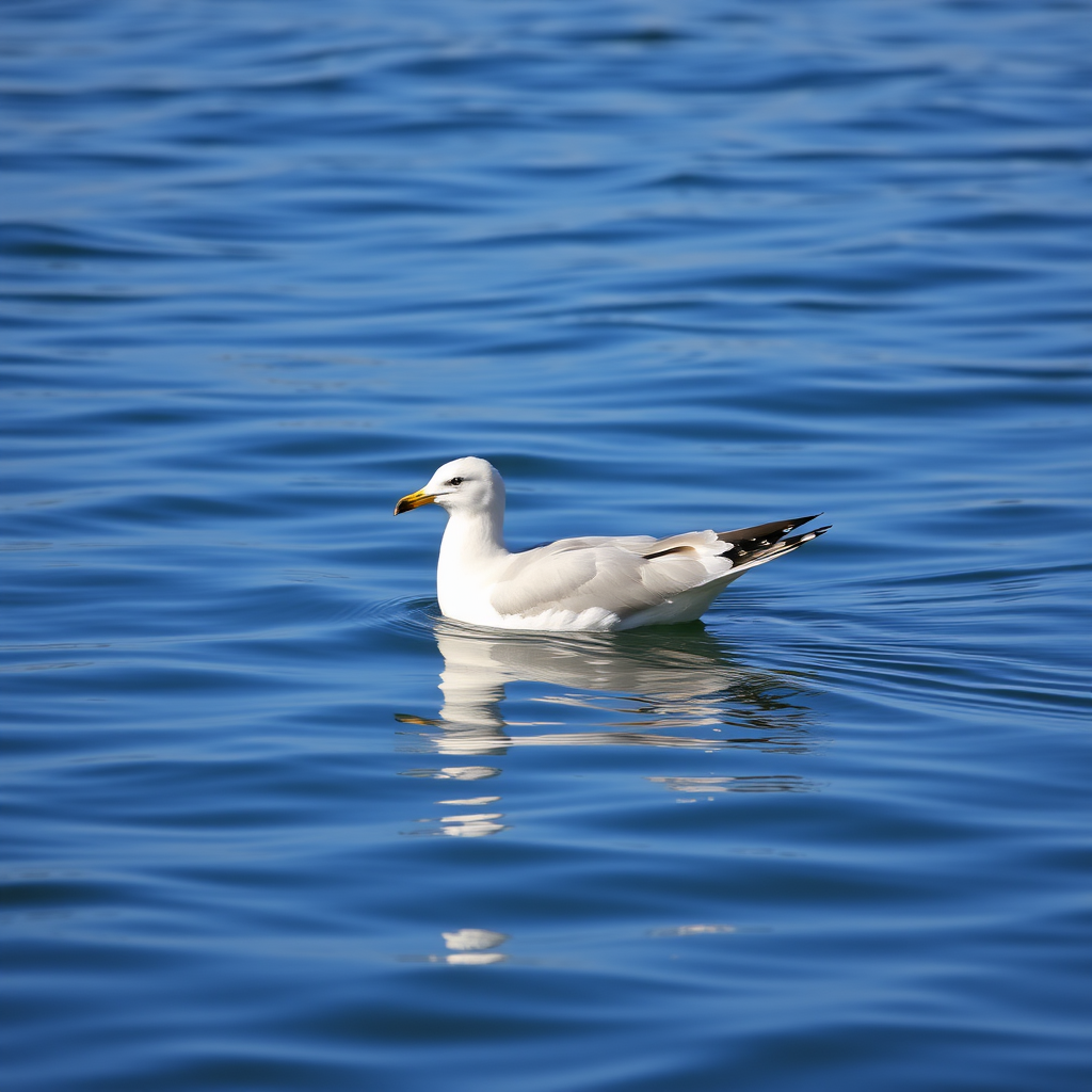 A seagull swimming on a calm sea with reflections, bright daylight, f/5.6 aperture, 1/200s shutter speed, ISO 100, shot with a DSLR camera from eye level using a telephoto lens.