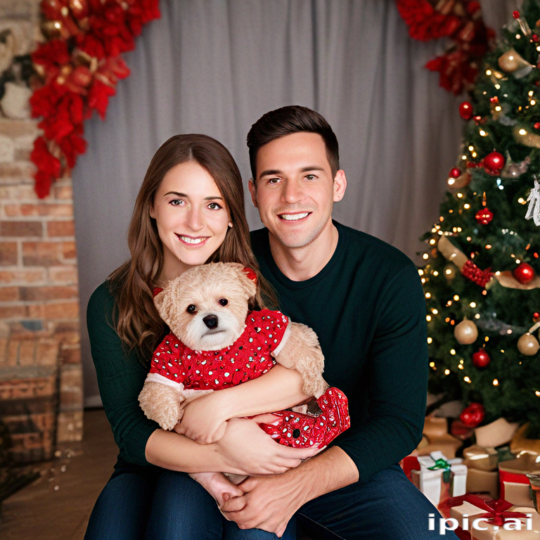 A Joyful Holiday Portrait of a Couple with Their Adorable Dog
