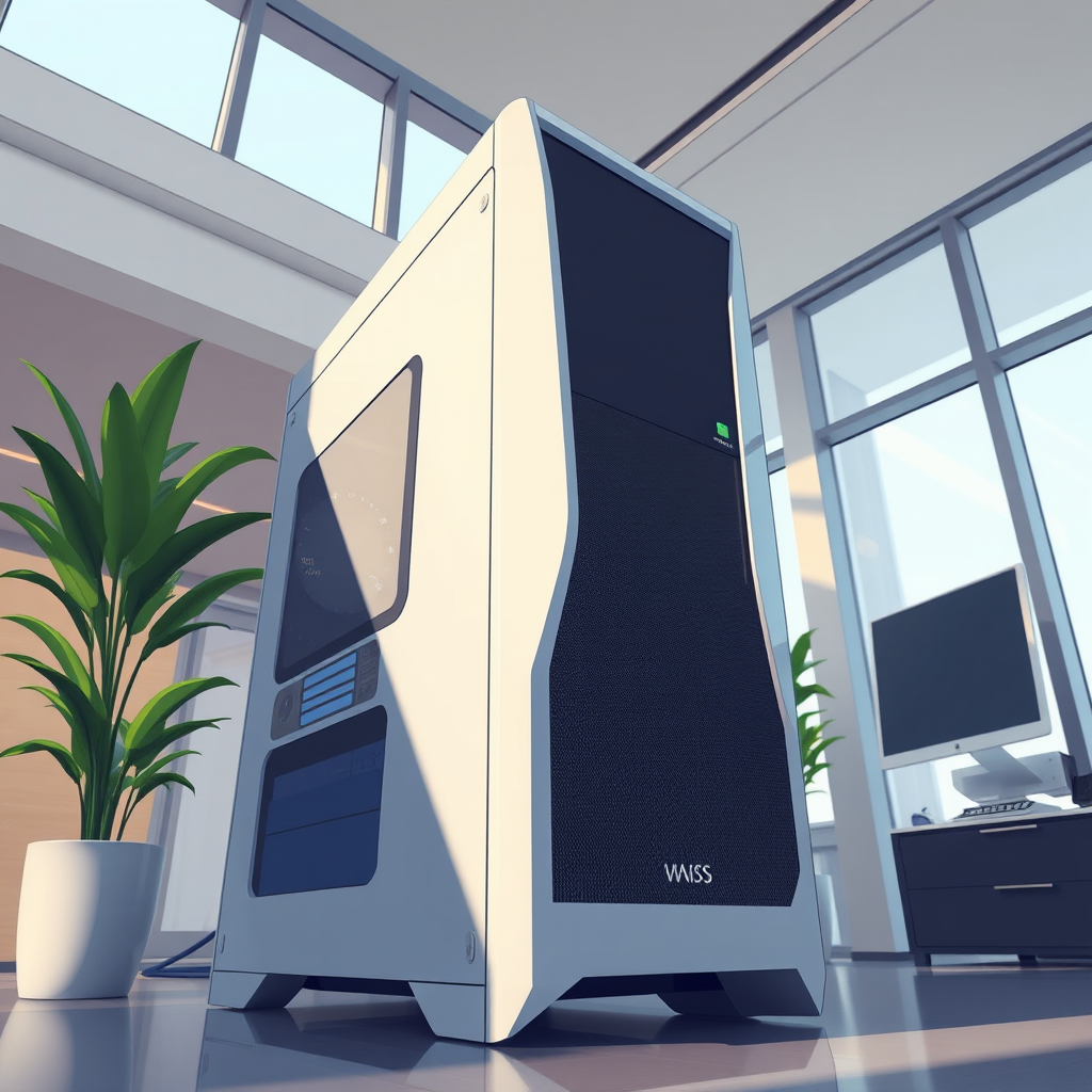 Create a highly detailed illustration of a computer tower in a modern setting, using a wide-angle lens, f/2.8 aperture, ISO 100, and soft natural lighting to enhance depth and clarity.