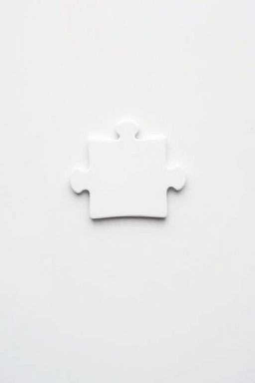 Create a high-resolution image of a single white puzzle piece on a plain background, using a Canon EOS 5D Mark IV, 50mm lens, aperture f/2.8, ISO 100, and 1/200 shutter speed for enhanced clarity and detail.