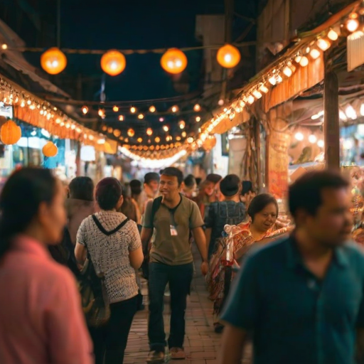 Blurry, candid shot of a group of tourists exploring a bustling street market, soft glow from overhead string lights illuminating colorful stalls, the smell of exotic spices filling the air.