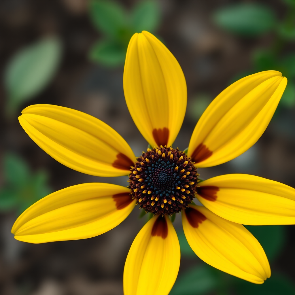 Create an illustration of a bright yellow flower with a dark brown center, captured from a top-down perspective using a DSLR camera with a 50mm lens, aperture set to f/2.8, ISO 100, and a slightly blurred background for enhanced depth of field.