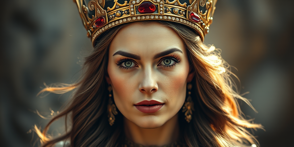 Regenerate a detailed portrait of a queen wearing an ornate crown, with intricate facial features and flowing hair, captured in high resolution using a DSLR camera at 85mm focal length, aperture f/1.8 for shallow depth of field, ISO 100, shot in natural lighting with soft focus background.