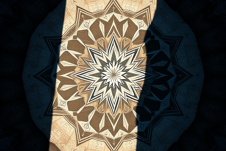 Create a high-resolution image of a stylized geometric design featuring a central star shape with intricate patterns radiating outward, captured with a Canon EOS 5D Mark IV at f/8 aperture, ISO 100, 1/125 sec exposure, with a wide-angle lens from a top-down view, using natural lighting.
