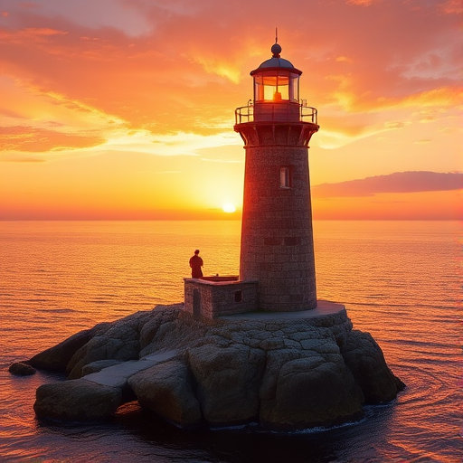 Generate an image of a tall lighthouse perched on a rocky outcrop surrounded by calm ocean waters during a breathtaking sunset. The lighthouse stands sturdy and weathered, its stone surface illuminated by the warm golden light of the setting sun. The sun's rays pass directly through the glass lantern room at the top of the lighthouse, casting a brilliant light across the scene. The sky is painted with vibrant shades of orange, pink, and purple, reflecting off the tranquil sea. The surrounding water shimmers with the same warm hues, creating a serene and majestic atmosphere.