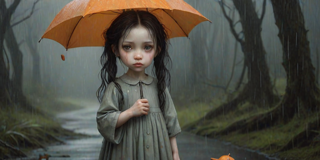An eerie, weird little girl with dark hair in thin pigtails, wearing a smock dress, standing in the rain, holding a dirty orange umbrella, a small, odd creature beside her. In a surreal style inspired by Nicoletta Ceccoli and Brian Froud. Dark fantasy themes