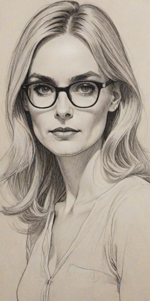 Comely Aimee Mann, pencil sketch, portrait of Resplendent woman 1962s in glasses, hair style beatnik, outline, clear lines, fine lines, 8k