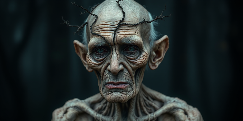 Create a hyper-realistic portrait of an elderly figure with an emaciated frame and intricate, vine-like appearances emerging from the skin, set against a dark, misty forest backdrop, utilizing a Canon EOS R5 with a 85mm f/1.2 lens, aperture set to f/1.2 for shallow depth of field, ISO 100 for clarity, and a soft diffused lighting for dramatic effect.