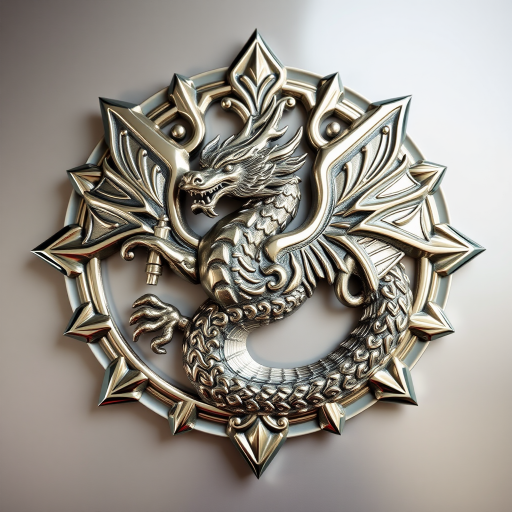 Create a highly detailed, glossy metallic dragon emblem with intricate patterns and a reflective surface, shot using a DSLR camera at f/8 aperture, ISO 100, 50mm lens, top-down view, with soft lighting to enhance the shine and contrast.