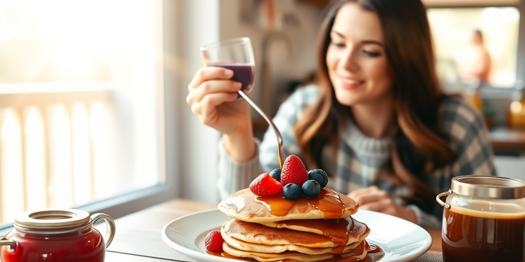 Cozy breakfast scene, with a woman enjoying pancakes topped with fresh berries and syrup, sunlight streaming through the window, illuminating the delicious meal and warm kitchen ambiance.