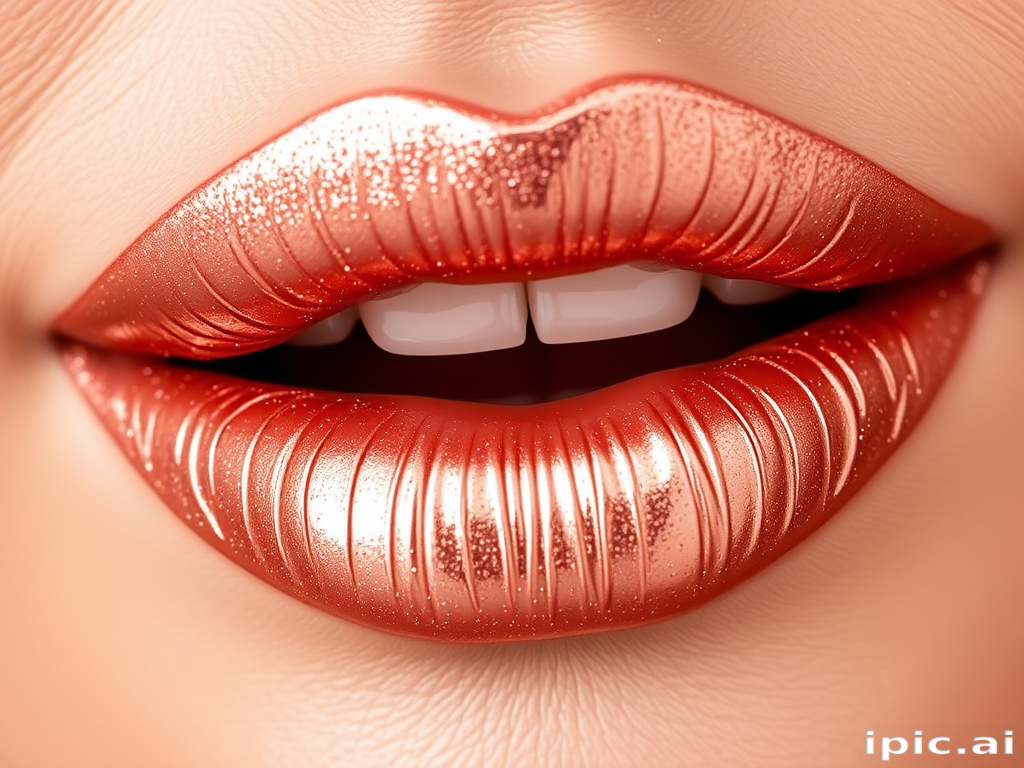 Shimmering rose gold metallic lips, dubbed "Champagne Kiss," offer a dazzling shine and a hydrating formula that keeps lips moisturized all day