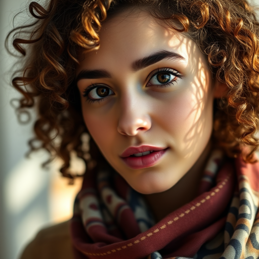 portrait of a young woman with curly hair wearing a patterned scarf, soft natural lighting, depth of field, ISO 100, aperture f/1.8, 50mm lens, taken with a full-frame DSLR camera, warm tones.